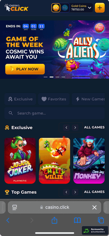 Mobile screenshot of the starting page at Casino Click.