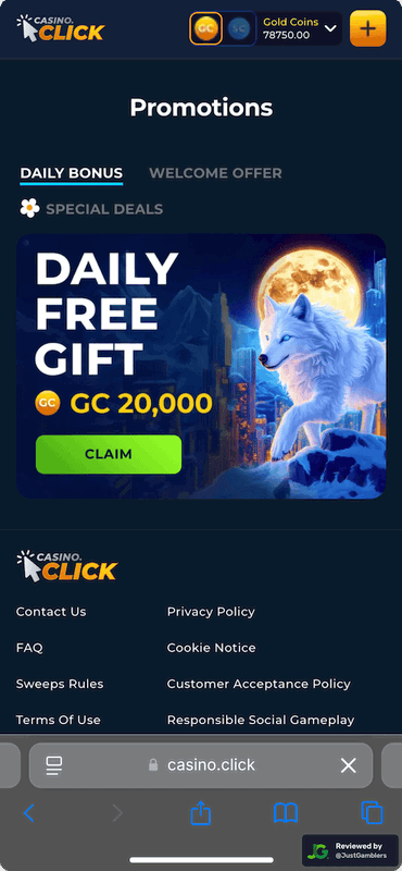 Mobile screenshot of the promo page at Casino Click.
