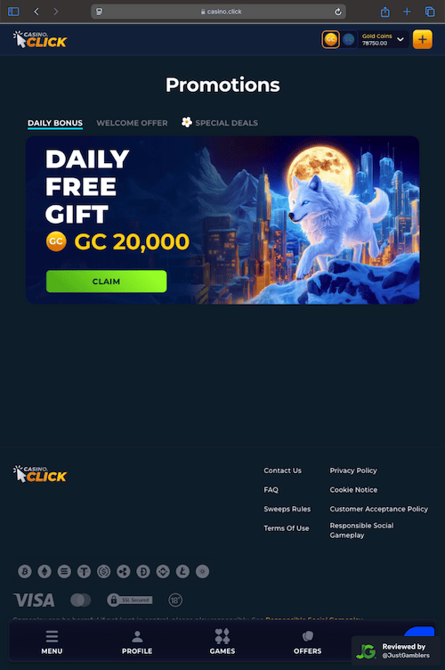 Tablet screenshot of the promo page at Casino Click.