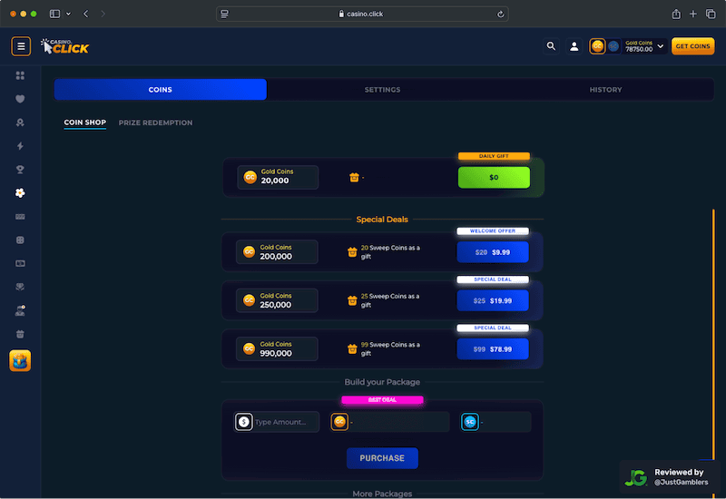 Desktop screenshot of the coin purchase process at Casino Click.