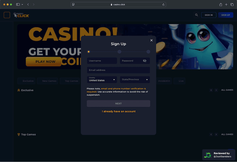 Desktop screenshot of the registration page at Casino Click.