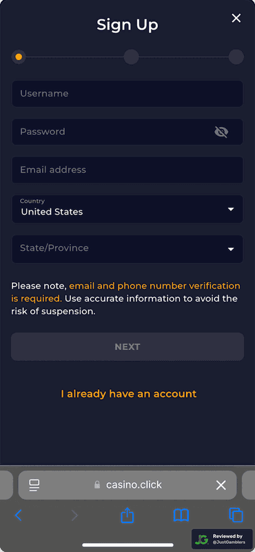 Mobile screenshot of the registration page at Casino Click.