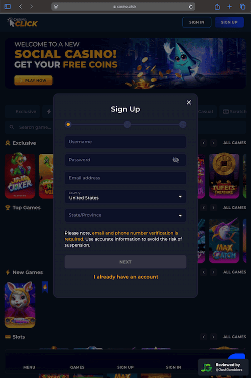 Tablet screenshot of the registration page at Casino Click.