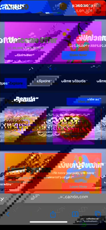 Mobile screenshot of the starting page at Cazino.