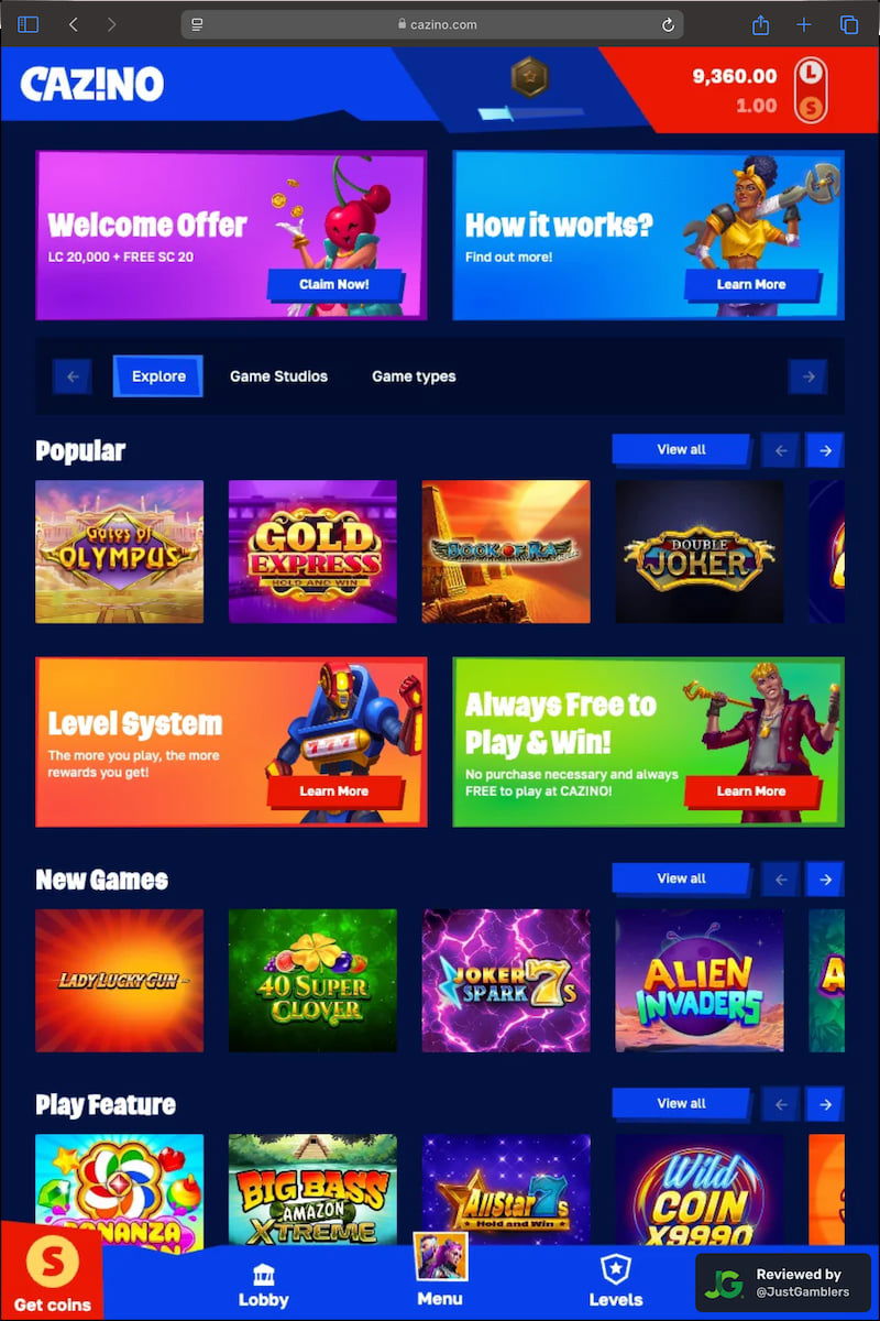 Tablet screenshot of the starting page at Cazino.