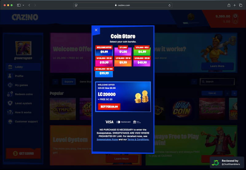 Desktop screenshot of the coin purchase process at Cazino.