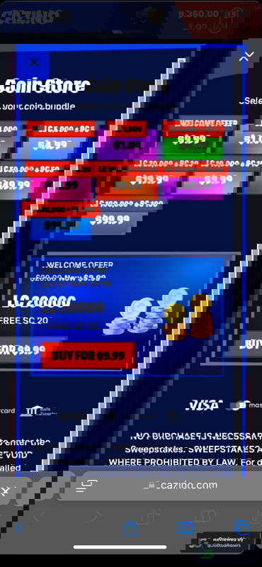 Mobile screenshot of the coin purchase process at Cazino.