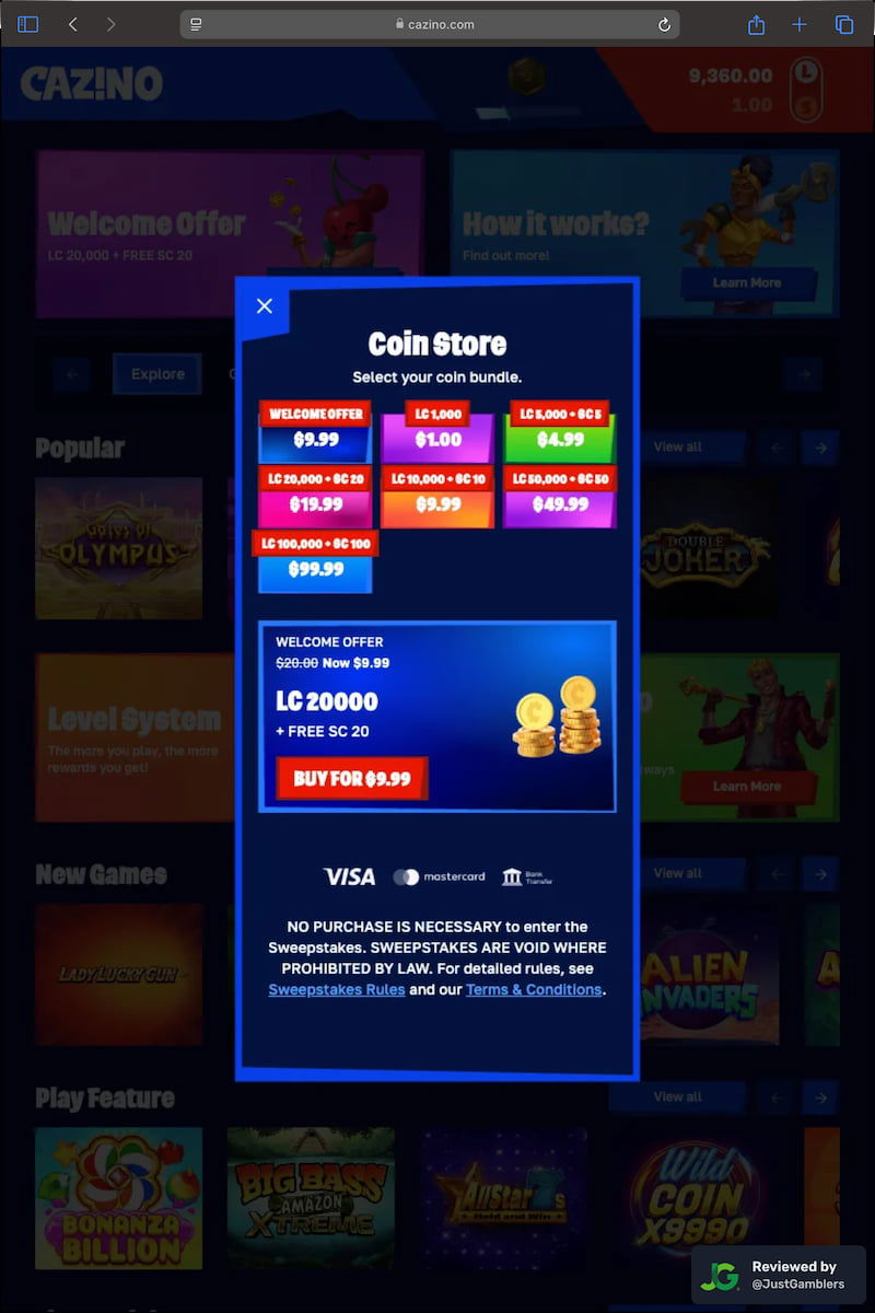 Tablet screenshot of the coin purchase process at Cazino.