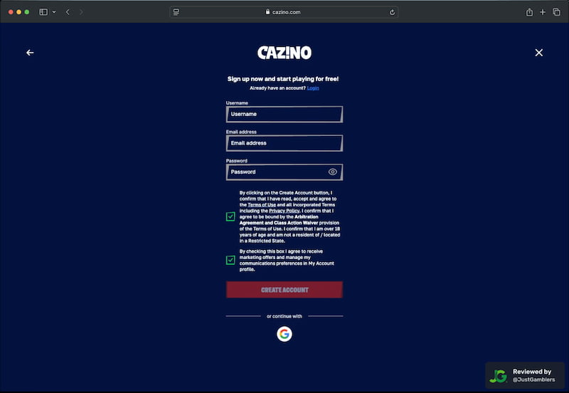 Desktop screenshot of the registration page at Cazino.