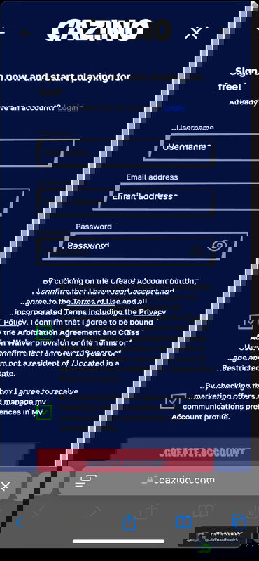 Mobile screenshot of the registration page at Cazino.