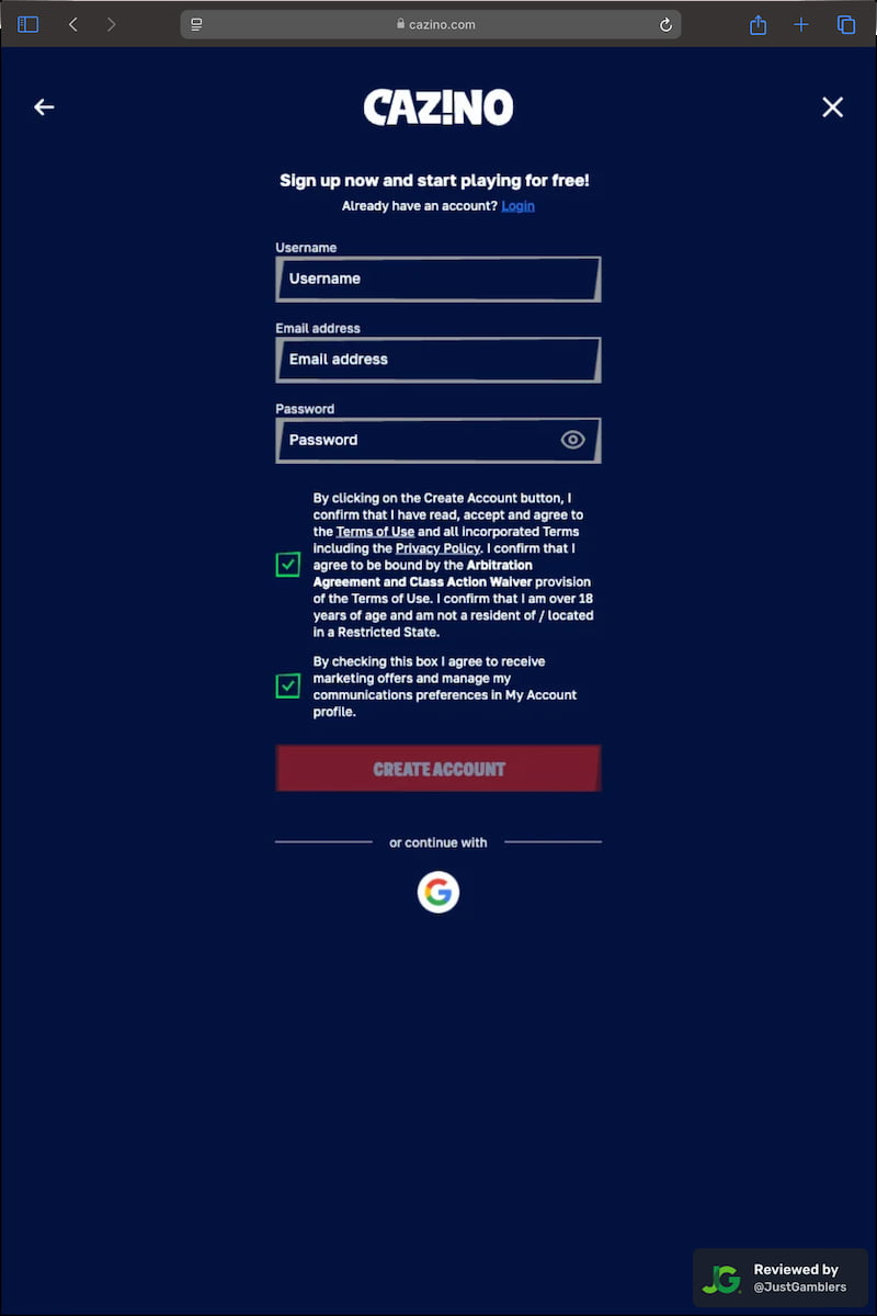 Tablet screenshot of the registration page at Cazino.
