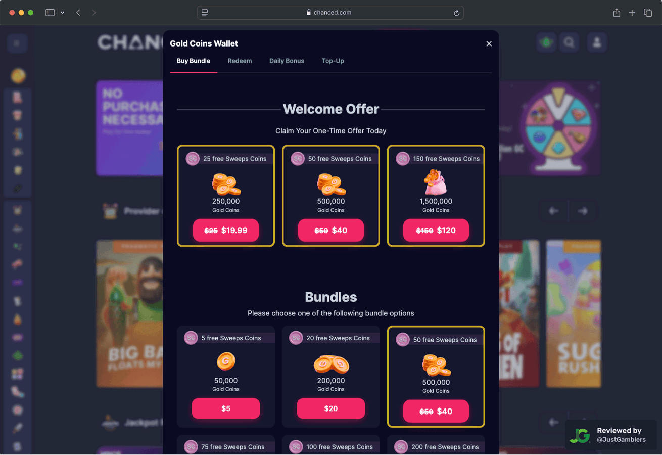 Desktop screenshot of the coin purchase process at Chanced.