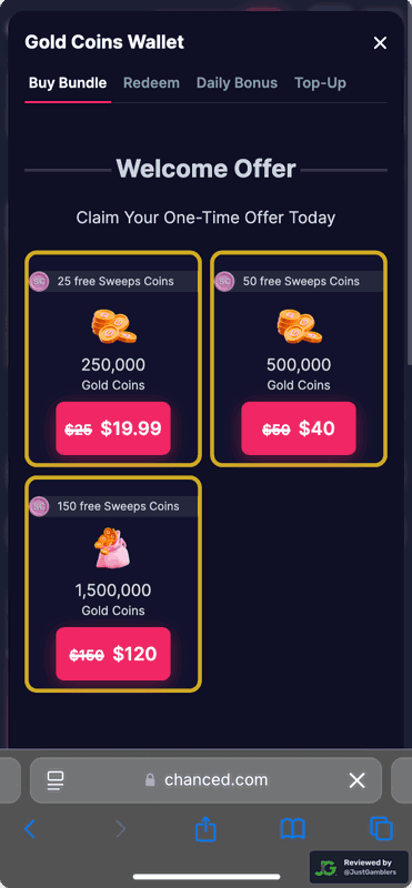 Mobile screenshot of the coin purchase process at Chanced.