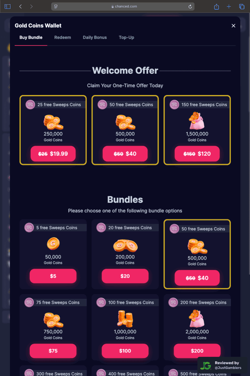 Tablet screenshot of the coin purchase process at Chanced.