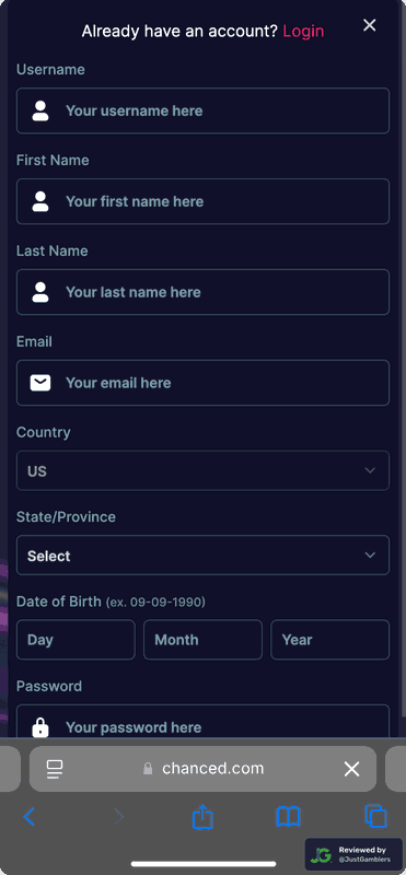 Mobile screenshot of the registration page at Chanced.