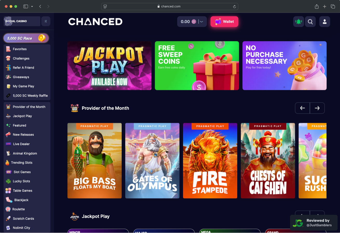 Desktop screenshot of the starting page at Chanced.