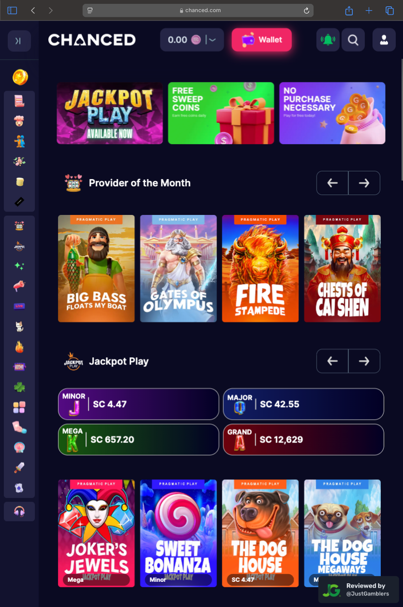 Tablet screenshot of the starting page at Chanced.
