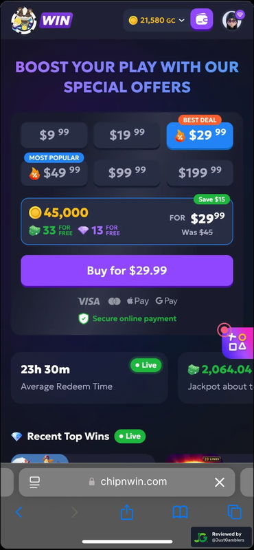 Mobile screenshot of the starting page at Chip'n WIN.