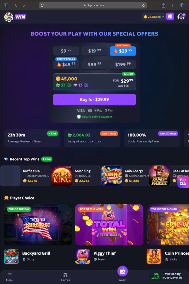 Tablet screenshot of the starting page at Chip'n WIN.