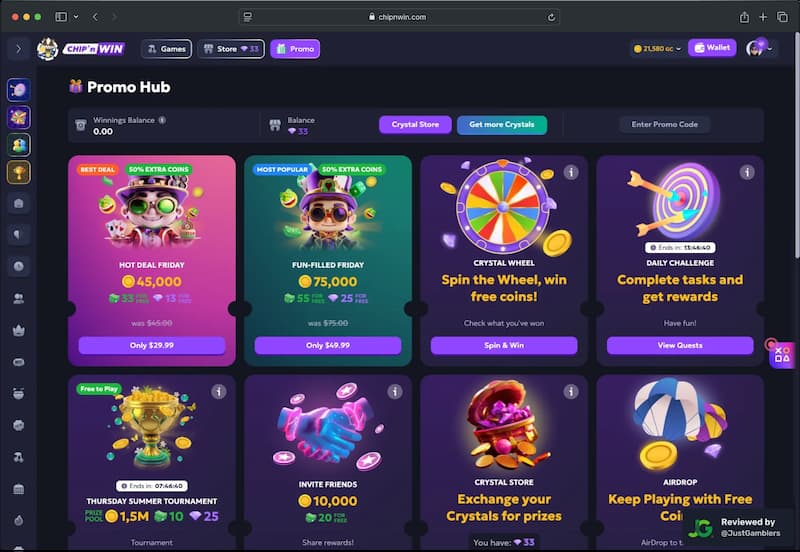 Desktop screenshot of the promotions page at Chip’n Win.