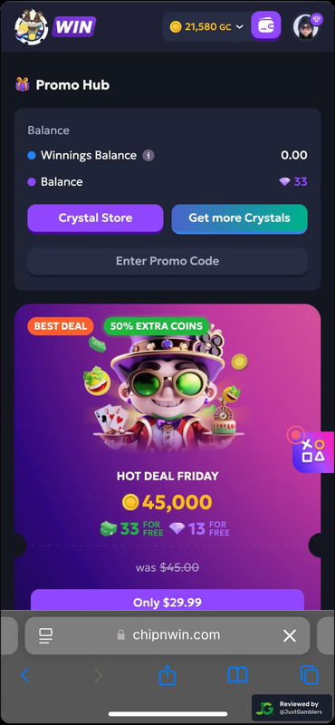 Mobile screenshot of the promotions page at Chip’n Win.