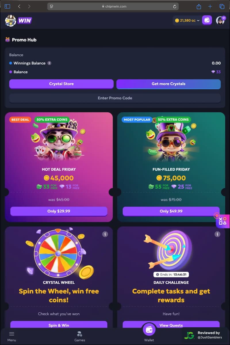 Tablet screenshot of the promotions page at Chip’n Win.