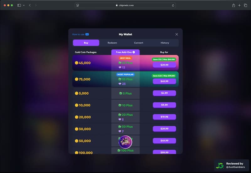Desktop screenshot of the purchases page at Chip’n Win.