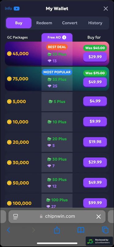 Mobile screenshot of the coin purchase process at Chip'n WIN.