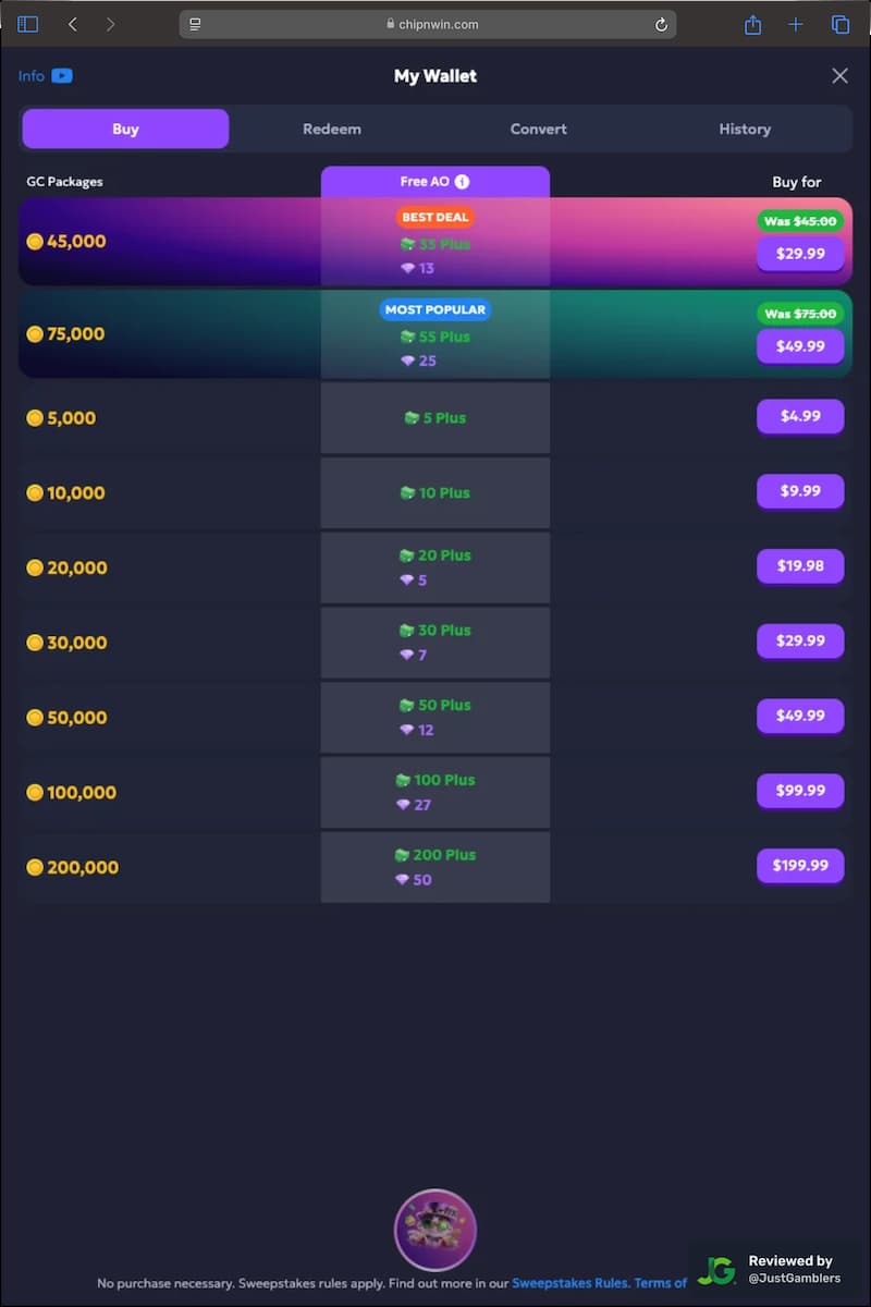 Tablet screenshot of the coin purchase process at Chip'n WIN.