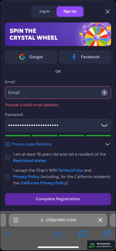 Mobile screenshot of the registration page at Chip'n WIN.