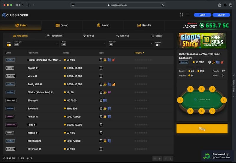 Desktop screenshot of the lobby at Clubs Poker.