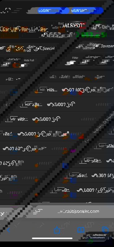 Mobile screenshot of the lobby at Clubs Poker.