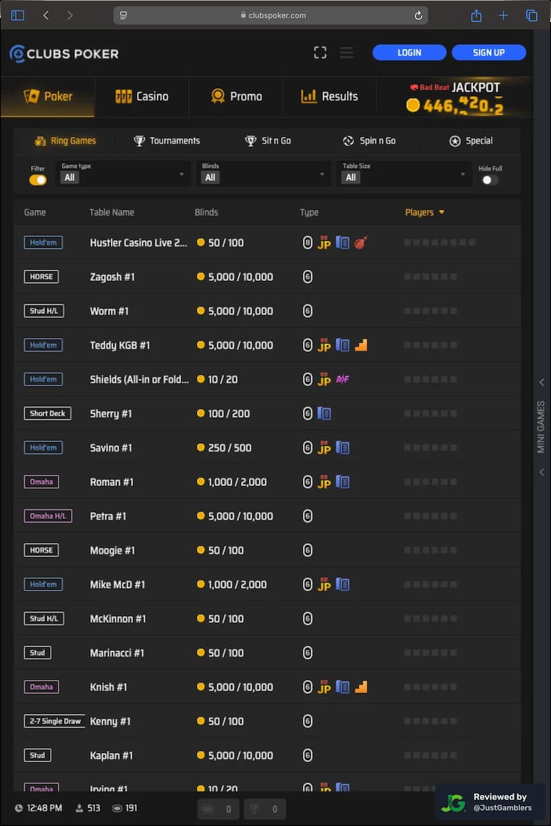 Tablet screenshot of the lobby at Clubs Poker.
