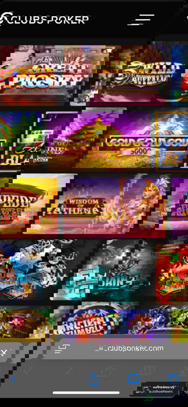 Mobile screenshot of the casino games page at Clubs Poker.