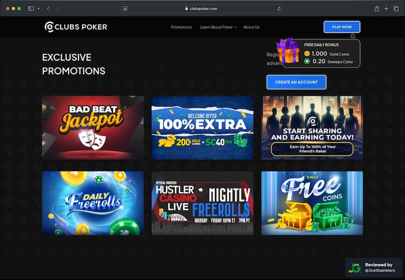 Desktop screenshot of the promo page at Clubs Poker.