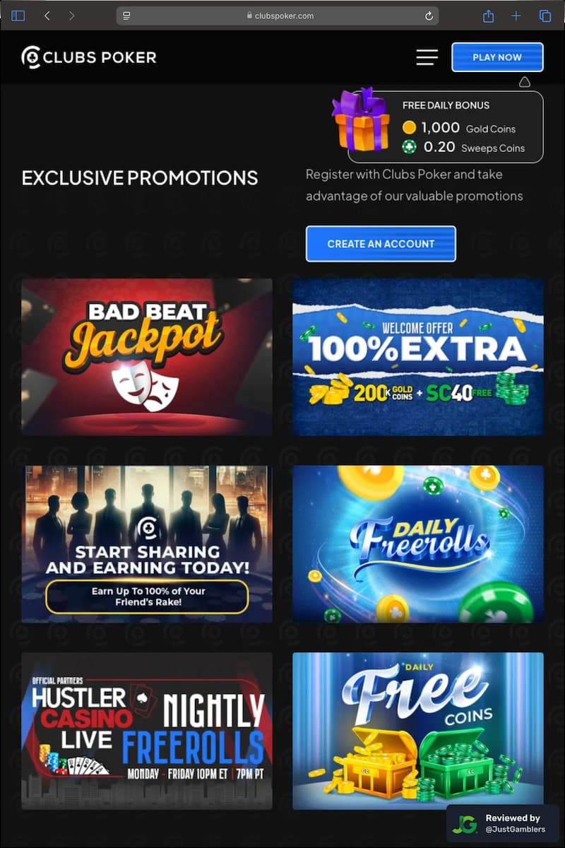 Tablet screenshot of the promo page at Clubs Poker.