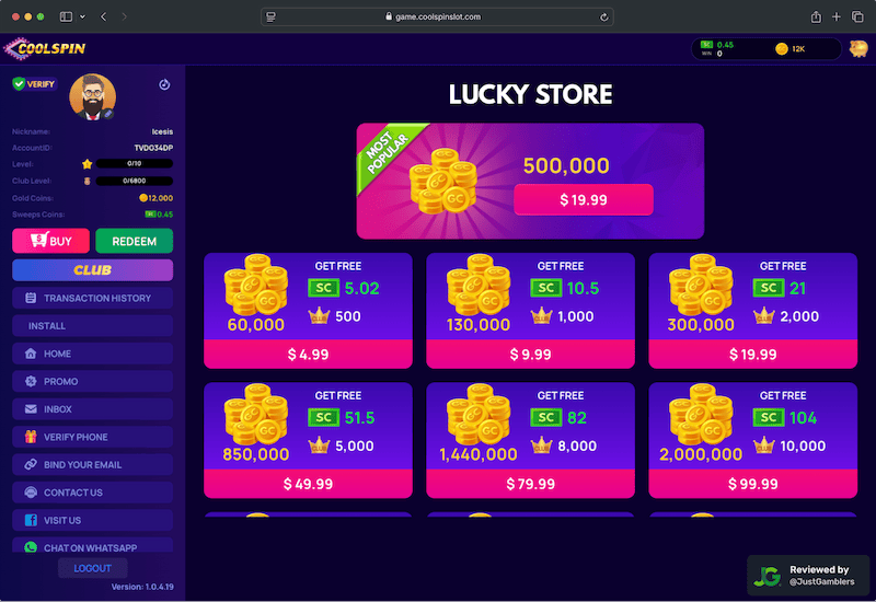 Desktop screenshot of the coin purchase process at Coolspin.