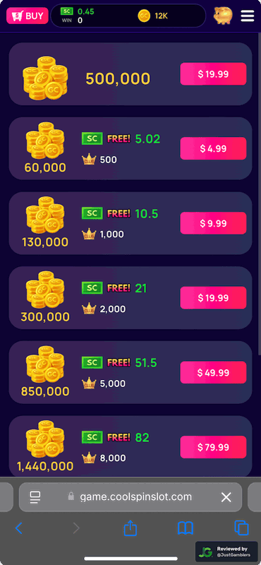 Mobile screenshot of the coin purchase process at Coolspin.