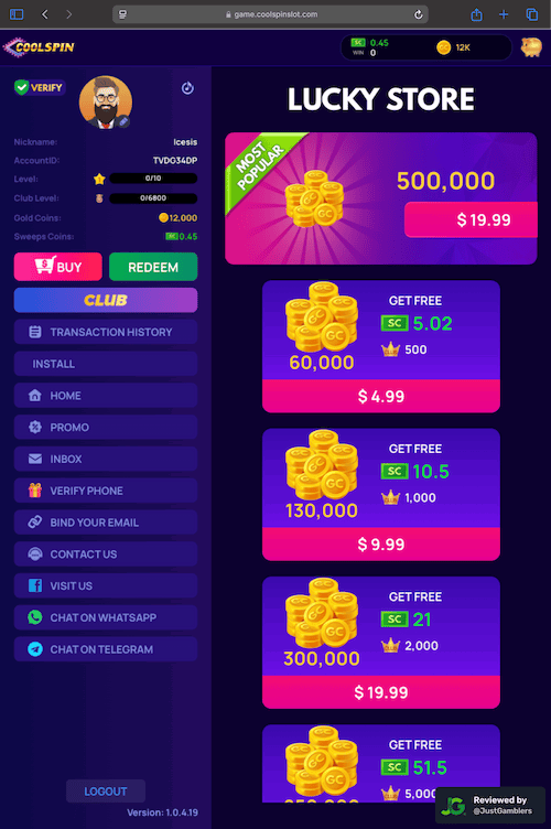 Tablet screenshot of the coin purchase process at Coolspin.