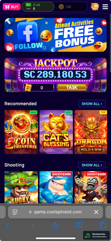 Mobile screenshot of the starting page at Coolspin.