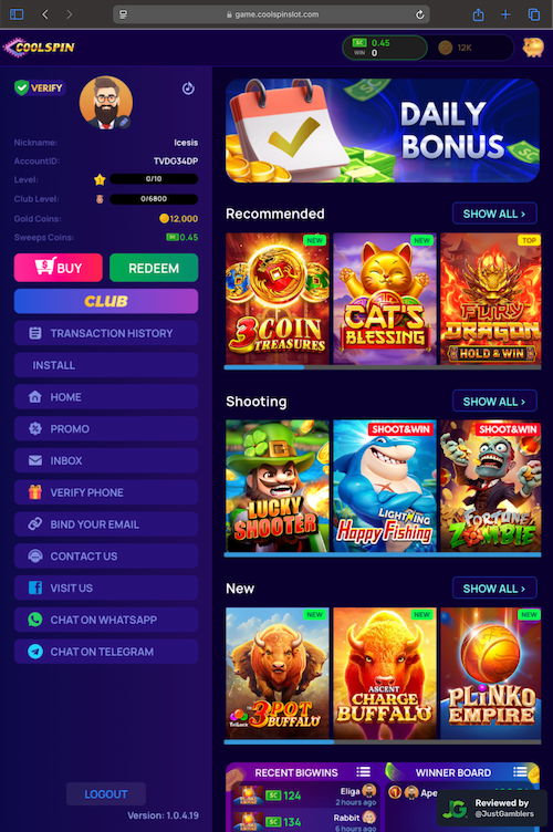 Tablet screenshot of the starting page at Coolspin.