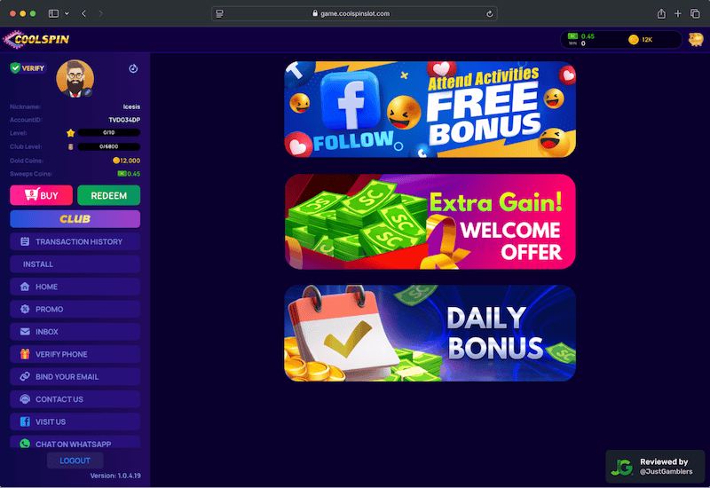 Desktop screenshot of the promo page at Coolspin.