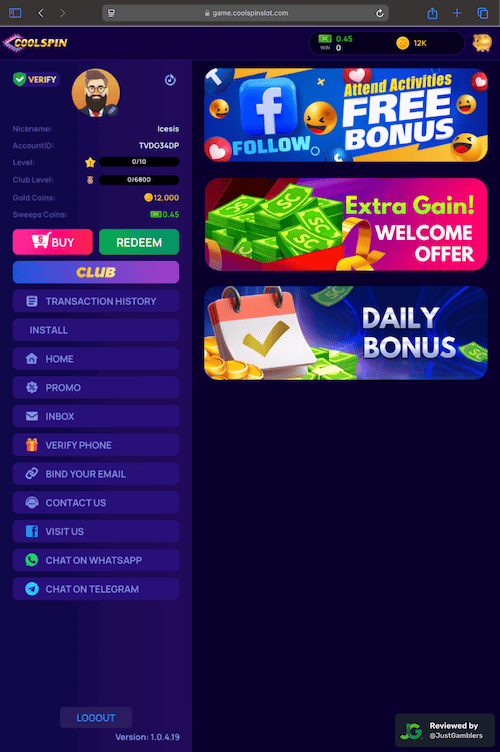 Tablet screenshot of the promo page at Coolspin.