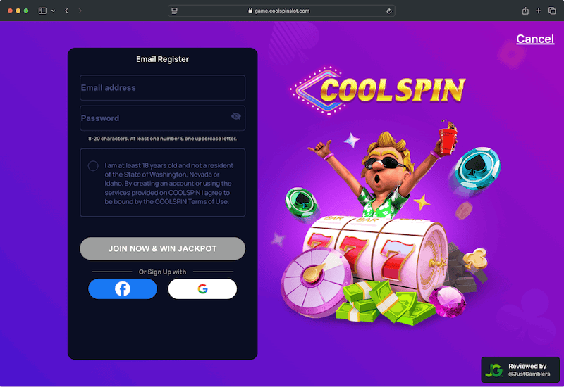 Desktop screenshot of the registration page at CoolSpin.
