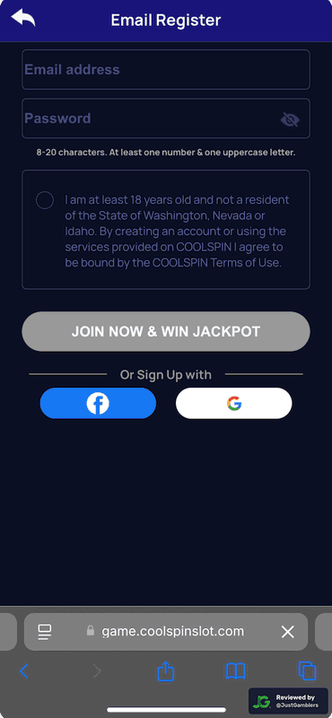 Mobile screenshot of the registration page at CoolSpin.