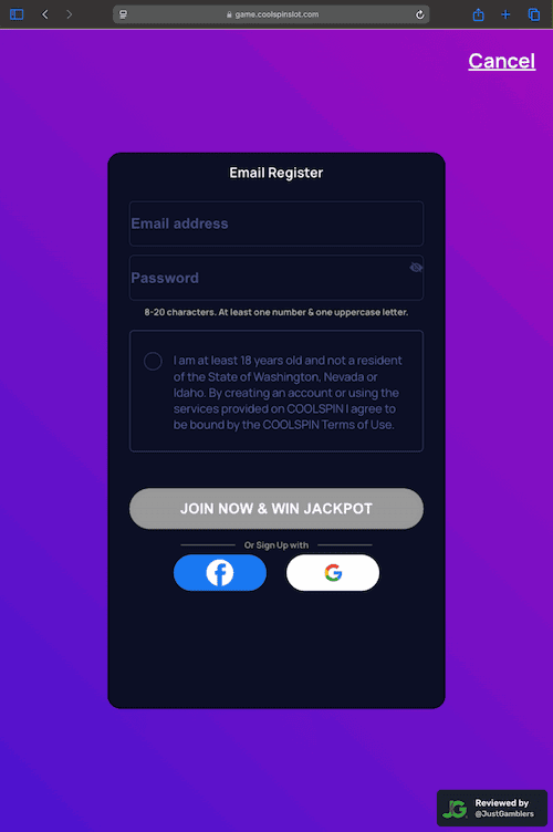 Tablet screenshot of the registration page at CoolSpin.