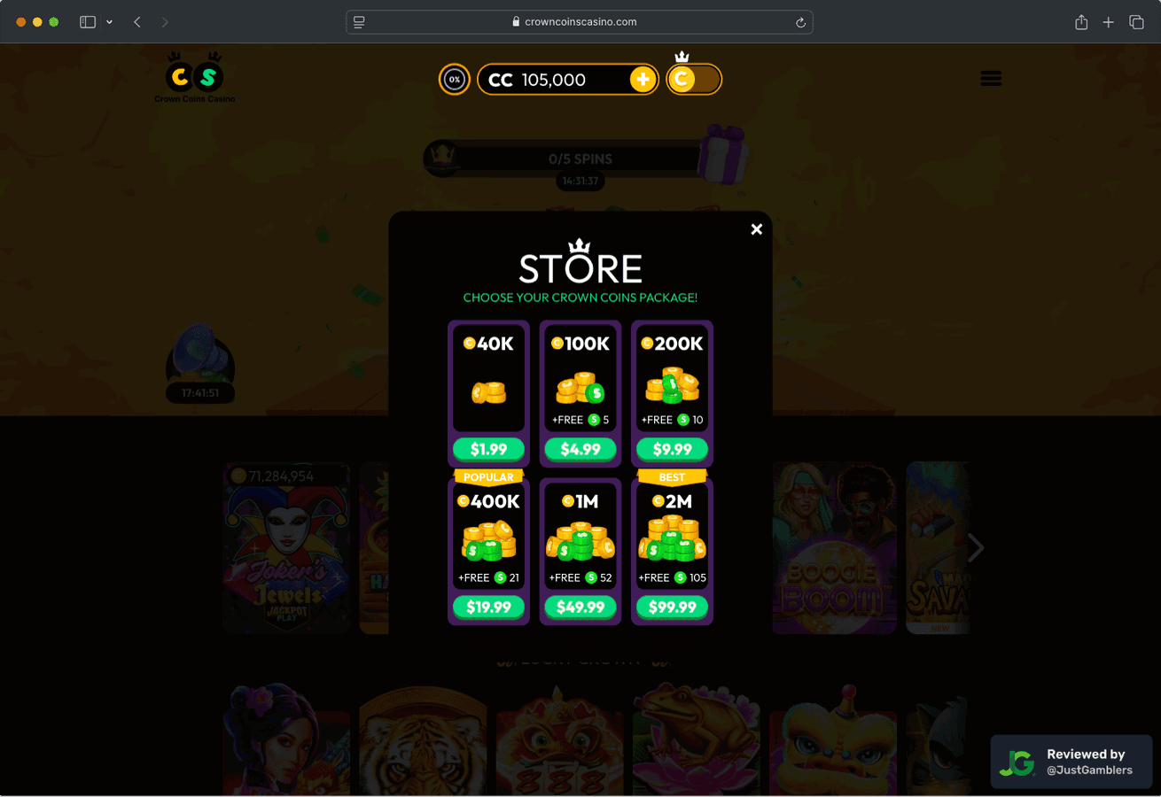 Desktop screenshot of the coin purchase process at Crown Coins.