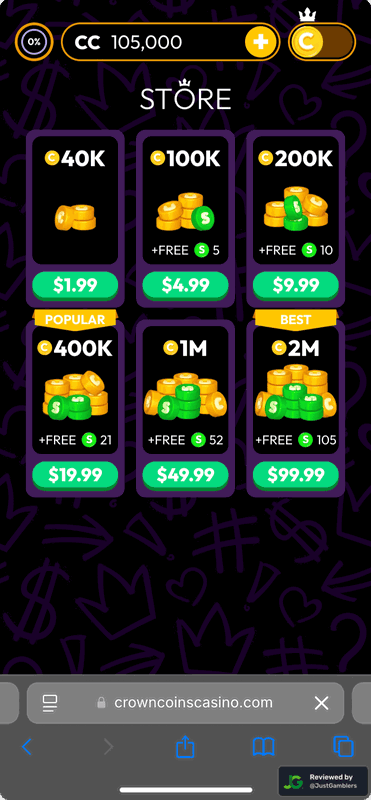 Mobile screenshot of the coin purchase process at Crown Coins.