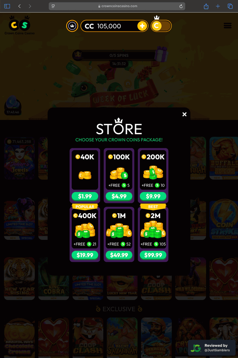 Tablet screenshot of the coin purchase process at Crown Coins.