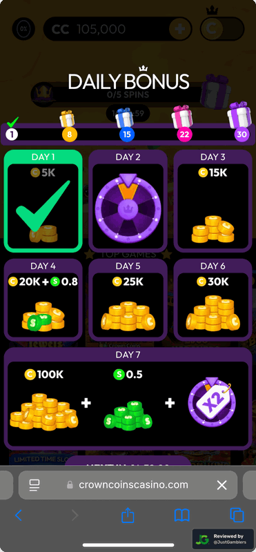 Mobile screenshot of the promo page at Crown Coins.
